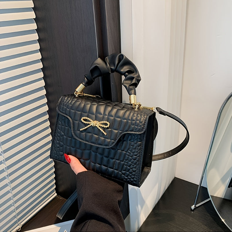 Vibrant Retro Crocodile Pattern Chic Shoulder Bag - Compact, Versatile, Fashionable, Everyday Wear with Bowknot Detail, Casual Street Style, and Chic Design - Perfect for Women's Daily Use
